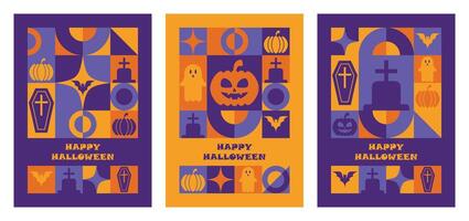 Set of Happy Halloween greeting cards with modern abstract geometric pattern vector