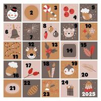 Christmas Advent Calendar. New Year calendar in flat style. Countdown holiday calendar. December dates festive event xmas. vector