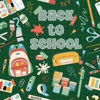 Back to school. Kids background with different school items. School stationery, lettering. Pattern for textile, wrapping paper, background. vector