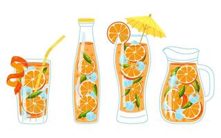 Orange lemonade in flat style. Set of summer cold drinks. Lemonade with ice in different glass containers. Cold drinks. vector