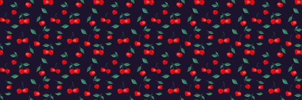 Abstract artistic tiny cherry with small leaves pattern. Creative red berries, fruits, green leaf, seamless print on a black background. hand drawing painted. Design ornament for fabric vector