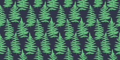 Abstract artistic branches leaves fern pattern on black background. Stylized green shapes leaf seamless print. hand drawing. Simple ornament for designs textile, vector