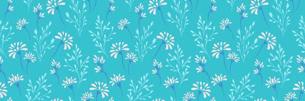 Colorful summer pattern with abstract tiny floral stems and small branches on blue background. hand drawing unique flowers. Simple ornament for designs, textile, cover, surface design, fabric vector