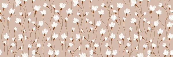 Beige pattern with creative florals stems. Abstract artistic branches with tiny flowers small buds intertwined in a seamless background. hand drawing. Simple ornament for designs, print vector