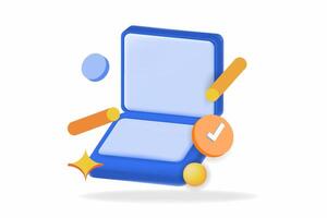 3d Illustration of an open laptop with floating geometric shapes, checkmark, signifying productivity and modern technology vector