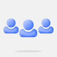3D minimal icon of three blue user avatars. It represents community, teamwork, and social connections vector