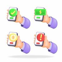 3d Illustration of hands holding smartphones with checkmarks, dollar , coin and alerts. Ideal for mobile app design, online payment solutions, and financial security content vector