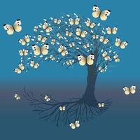 A blue tree of life or yggdrasil with small white butterflies. The tree is in blue tints. The background is a blue gradient and has a twilight feeling vector