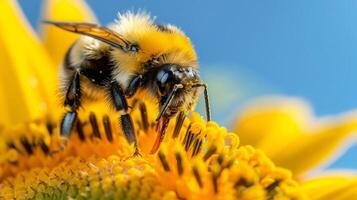 Macro shot of a bumblebee collecting nectar from a vibrant sunflower with a clear blue sky in the background, tiny pollen particles visible on the bee's legs, the warm afternoon sun highlights the photo