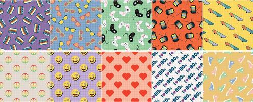 Collection of color seamless retro pattern - fashion style 80 - 90s. Abstract trendy backgrounds. Bright vintage endless prints vector