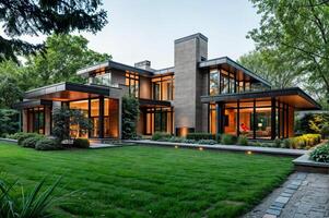 Modern multi-level house in scandinavian style with large lush greenery backyard. Cozy clinker home with panoramic windows photo