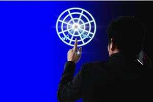 Targeting business concept. Businessman hold virtual target icons for business objective. Strategic planning for business growth and target customer group. set up business objective target goal. photo