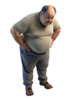 3d rendering style of A fat man is standing with his hands on her hips. He is looking down at the floor, looking distressed, isometric, isolated on a transparent background png