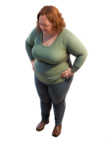 3d representación estilo de un grasa mujer es en pie con su manos en su caderas. ella es mirando abajo a el piso, mirando afligido, isométrica, aislado en un transparente antecedentes png