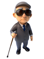 3d rendering style of A blind man wearing dark glasses is walking with a cane in his hand, isolated on transparent background png