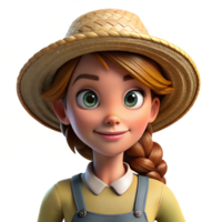 3d render style of a farm girl with straw hat isolated on a transparent background png