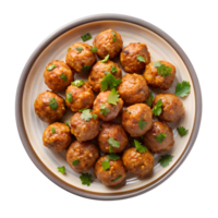 top view of Meatballs on plate isolated on a transparent background png
