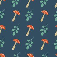 Fly agaric seamless pattern. Mushroom and leaf on a dark blue background. Autumn illustration for packaging, fabric, wrapping paper, background vector