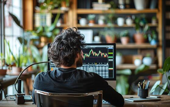 Trader Analyzing Trade Graphs in Editorial Photo
