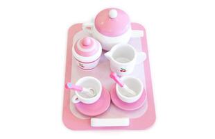 A set of pink white pastel color wood toy tea cups including 2 coffee cups with teaspoons, a teapot, a sugar jar and a milk jug is placed on a tray. Isolate clear on white background. photo