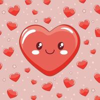 Kawaii happy heart and hearts pattern. Cute smiling red heart with face on pink. Romantic design in cartoon style for card, holiday design. vector