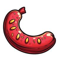 Red sausage with yellow bits, curved and slightly fat cartoon illustration, vector