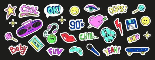 Cool Colorful Sticker Collection of 90s. Retro devices and stuff badges. Hand drawn doodle trendy patches. 1990s 00s graphic design vector