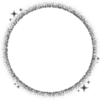 Magic stars element with sparks. Celestial circle frame. Shape with glitter. Bohemian mystic round with glowing starburst. Decorative abstract moon png
