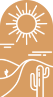 Desert boho logo with sun and mountains. Abstract bohemian illustration with cactus and minimal landscape. Arch and window. Design element for poster and decoration png