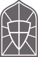 Church glass window. Gothic arch frame with medieval symbol. Vintage architecture element. Stained mosaic decoration with shield png