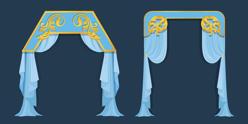 Curtains illustration Sky color, Thailand style isolated on background. Decorative silk cloth with folds for cinema, theater, concert posters.