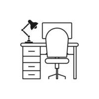Workplace. linear icon. computer table, lamp, pc, table lamp, desk table desktop workplace icon vector