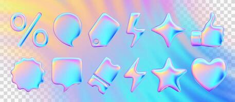 Set Realistic 3d objects for advertising and promotion. Holographic iridescent elements for design of sales and discounts. Percentage symbol. Price tag, coupon, lightning, star. illustration. vector