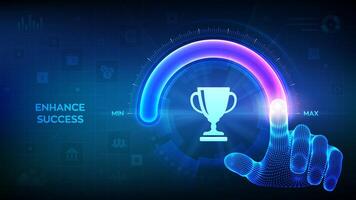 Success level growth. Increasing Success Level. Wireframe hand is pulling up to the maximum position circle progress bar with the Trophy cup icon. Business achievement concept. illustration. vector