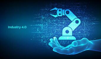 Smart Industry 4.0 icon made with binary code in wireframe hand. Factory automation. Autonomous industrial technology. Industrial revolutions steps. Matrix background with digits 1.0. . vector