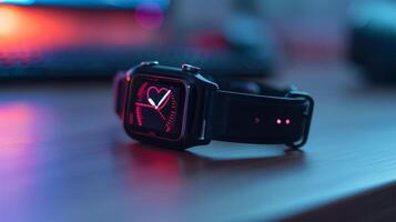 Close-up of smartwatch with heart rate display against neon lighting, highlighting modern technology and health monitoring. photo