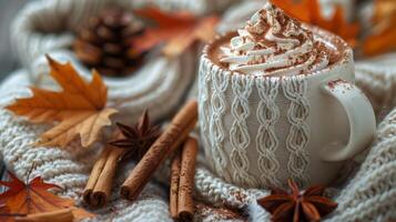 Cup of hot cocoa with chocolate chip whipped cream surrounded by cinnamon sticks, autumn leaves and a cozy knitted white blanket photo
