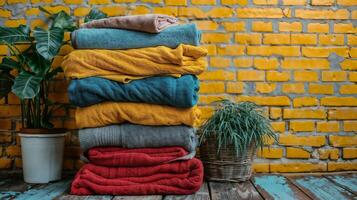 Stack of colored terry towels with flowers in pots nearby ,against the background of a brick yellow wall. rustic style photo