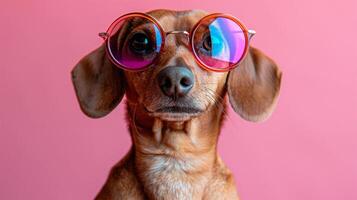 Dachshund dog looking straight at the camera wearing stylish round glasses on bright pink background,copy space photo
