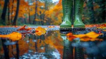 A pair of green rain boots on a path, in a puddle, on the blurred background of an autumn park.copy space photo