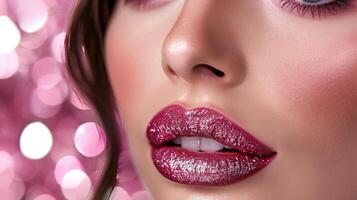 Close-up of glossy pink lips with glitter on soft pink bokeh background creating a glamorous and elegant look photo