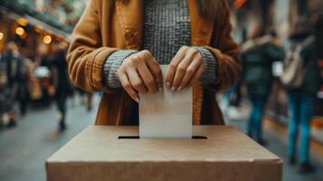 Close-up of a man dropping his ballot into a secure ballot box, capturing a moment of civic duty and participation in the democratic process photo