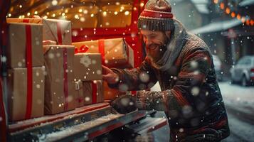 A cheerful man in winter attire, smiling as he loads wrapped Christmas gifts into a truck during a snowy evening with festive lights in the background. photo