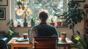 Man working from home in a cozy, sun-drenched workspace surrounded by plants, reflecting the comfort, focus, and casual lifestyle of working remotely. photo