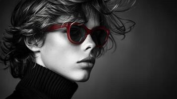 High contrast black and white portrait of a stylish man wearing bold red sunglasses and a turtleneck, conveying a chic and retro aesthetic.copy space photo