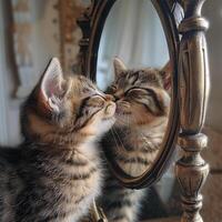 An adorable image of a kitten nuzzling its reflection in an ornate antique mirror, evoking feelings of innocence and curiosity photo