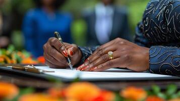 Close-up of a hand holding a pen while signing a formal document, with bright colors and people in a blurred background.Business, suitable for legal, corporate or formal content. photo