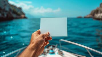 A hand holding a blank card while on a boat, with the ocean and cliffs visible in the background, offering copy space. photo