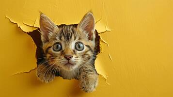 Adorable tabby kitten with wide eyes peeking through a hole in a yellow wall, displaying curiosity and playfulness. photo