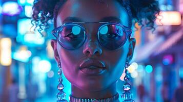 Woman wearing reflective round sunglasses illuminated by bright neon light, modern and stylish urban scene. photo